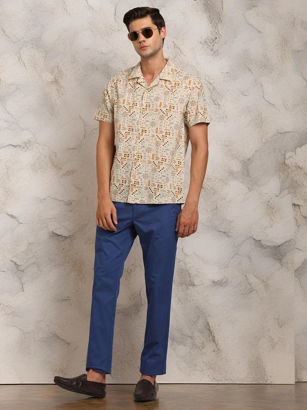 Indian Terrain Men's Slim Fit Half Sleeve All Over Print Beige Shirt